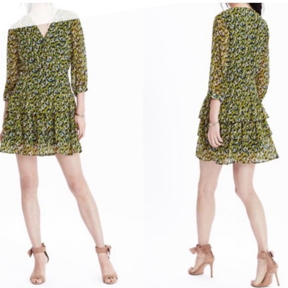 Banana Republic Green Blue Floral Chiffon V~Neck Tiered Ruffle‎ Mini Dress Sz 12